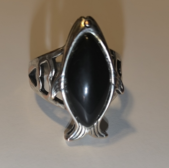 Large Textured Fish Black Onyx Sterling Silver Men Unisex Ring Size 10 - Picture 12 of 17